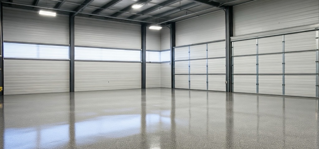 Large hall with a grey flake epoxy floor
