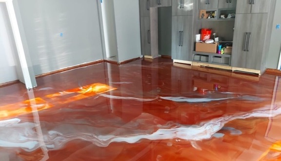 Red metallic epoxy garage floor